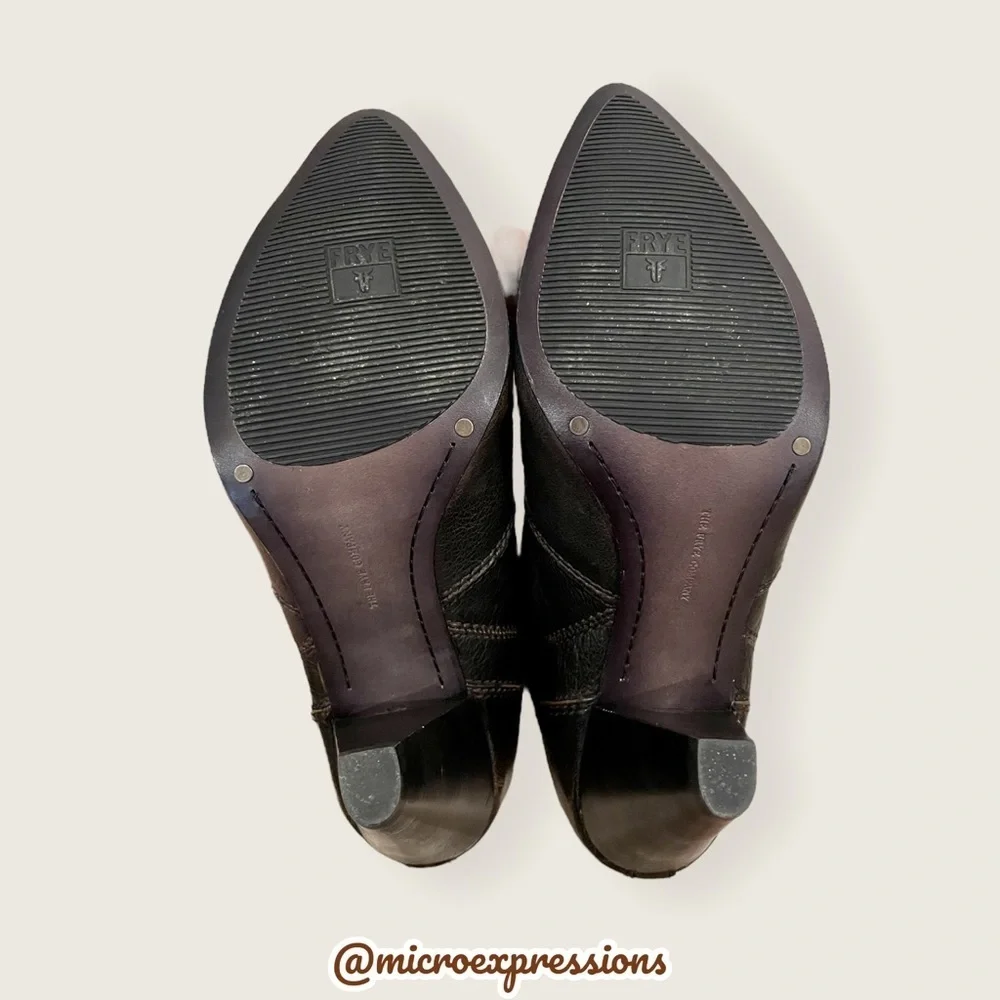 $349 Frye Regina Distressed Brown Real Leather Heeled Southern Ankle Booties - Picture 6 of 7